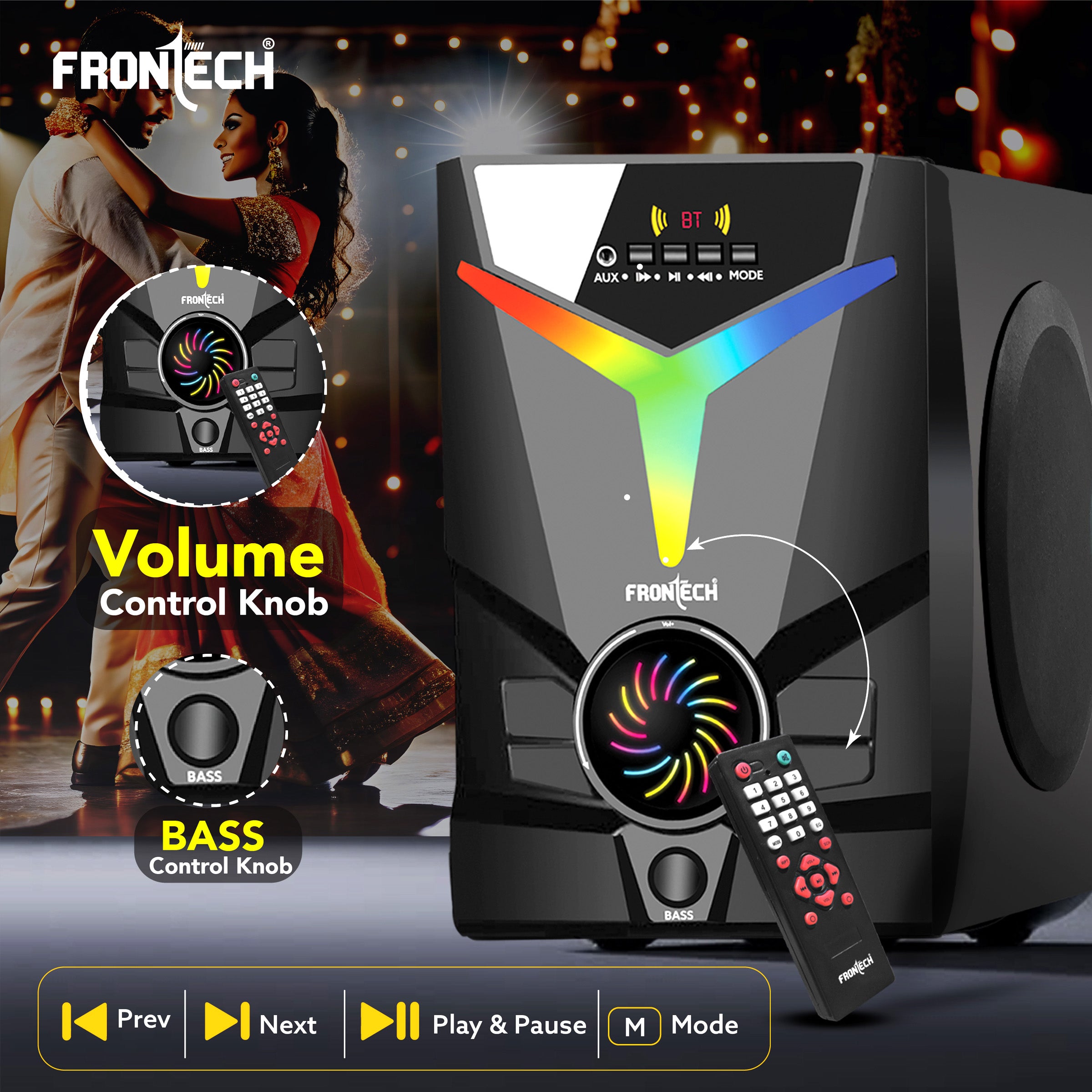 FRONTECH 40W Bluetooth 5.0 Multimedia Speaker| Powerful Bass | 2.1 Channel | Surround Sound System | USB | AUX | FM Radio | Wireless Remote Control for Home & Office (SW-0144) FRONTECH 40W Bluetooth 5.0 Multimedia Speaker| Powerful Bass | 2.1 Channel | Surround Sound System | USB | AUX | FM Radio | Wireless Remote Control for Home & Office (SW-0144)
